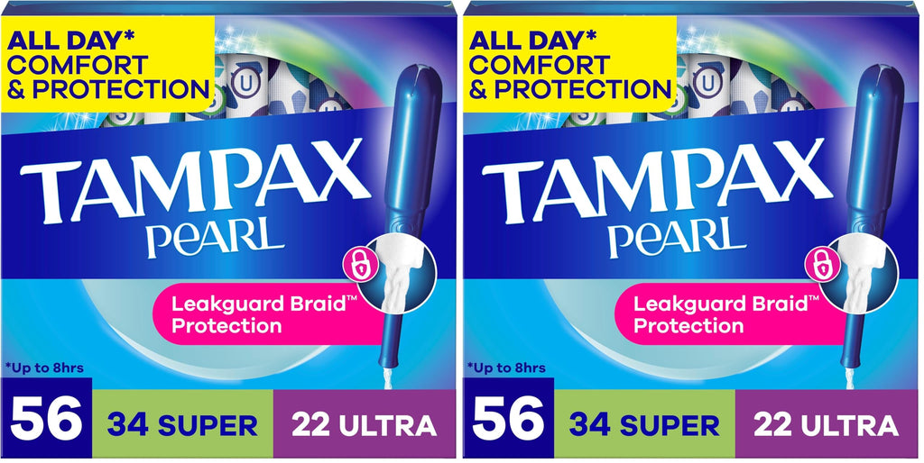 Tampax Pearl Tampons for Women Multipack, with LeakGuard Braid, Super/Ultra Absorbency, Unscented, 56 Count (Pack of 2)