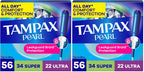 Tampax Pearl Tampons for Women Multipack, with LeakGuard Braid, Super/Ultra Absorbency, Unscented, 56 Count (Pack of 2)