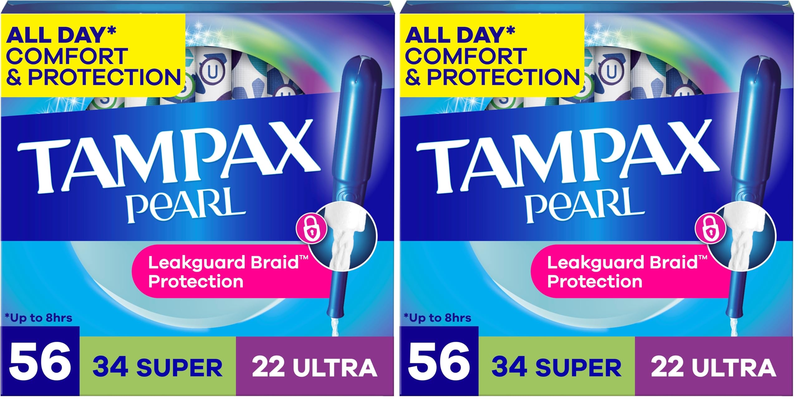 Tampax Pearl Tampons for Women Multipack, with LeakGuard Braid, Super/Ultra Absorbency, Unscented, 56 Count (Pack of 2)