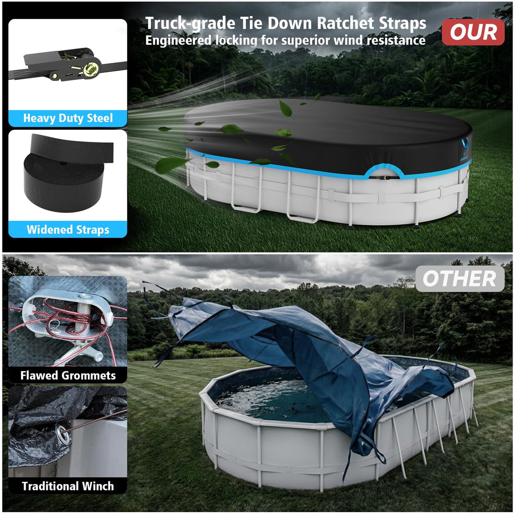 AGROAIDE 10x16 Ft Oval Pool Cover, Heavy Duty Pool Cover Protector with Ratchet Tie Downs, 420D Oxford Fabric for All Season Use - Tear Resistant, UV & Dust Proof