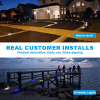 VOLISUN Solar Driveway Lights Dock Marine Lights 16 Pack,2 Colors in 1,Outdoor LED Deck Light,Solar Powered Waterproof Warning Step Light for Driveway Sidewalk Pathway (Blue/White),Saltwater Resistant
