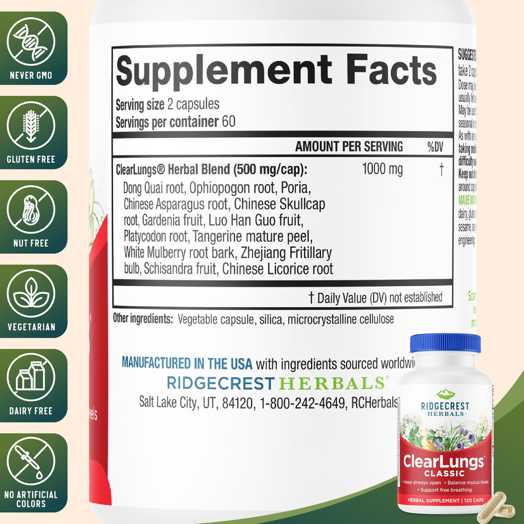 RidgeCrest Herbals ClearLungs Classic, Daily Health Supplement, Natural Lung and Nasal Wellness Formula for Bronchial, Respiratory, Immune, Sinus, and Mucus Support (120 Vegan Caps, 60 Serv)