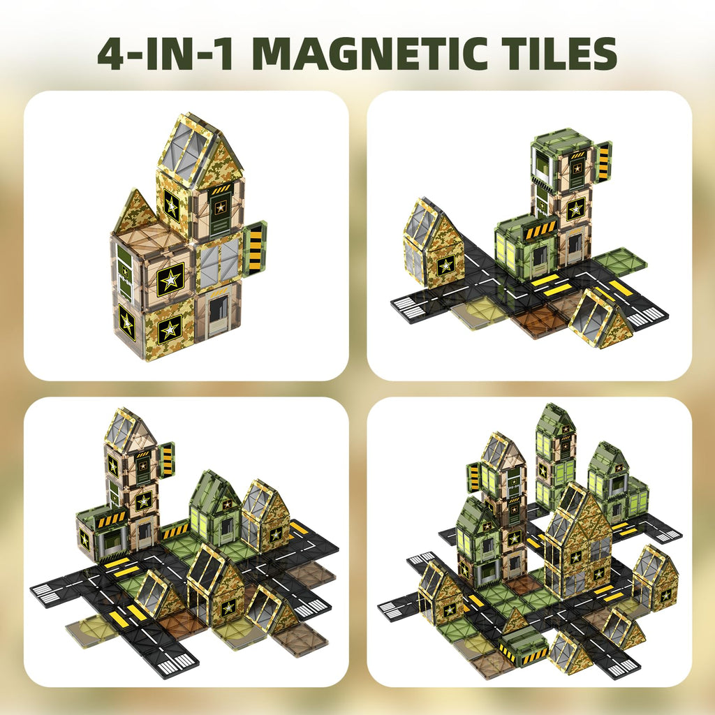 GobiDex Army Magnetic Tiles Road Set Building Toys for Boys 3+ Year Old, STEM Military Magnetic Blocks for Toddlers Construction Toys, Educational Sensory Magnets for Kids Birthday Gifts Boys & Girls