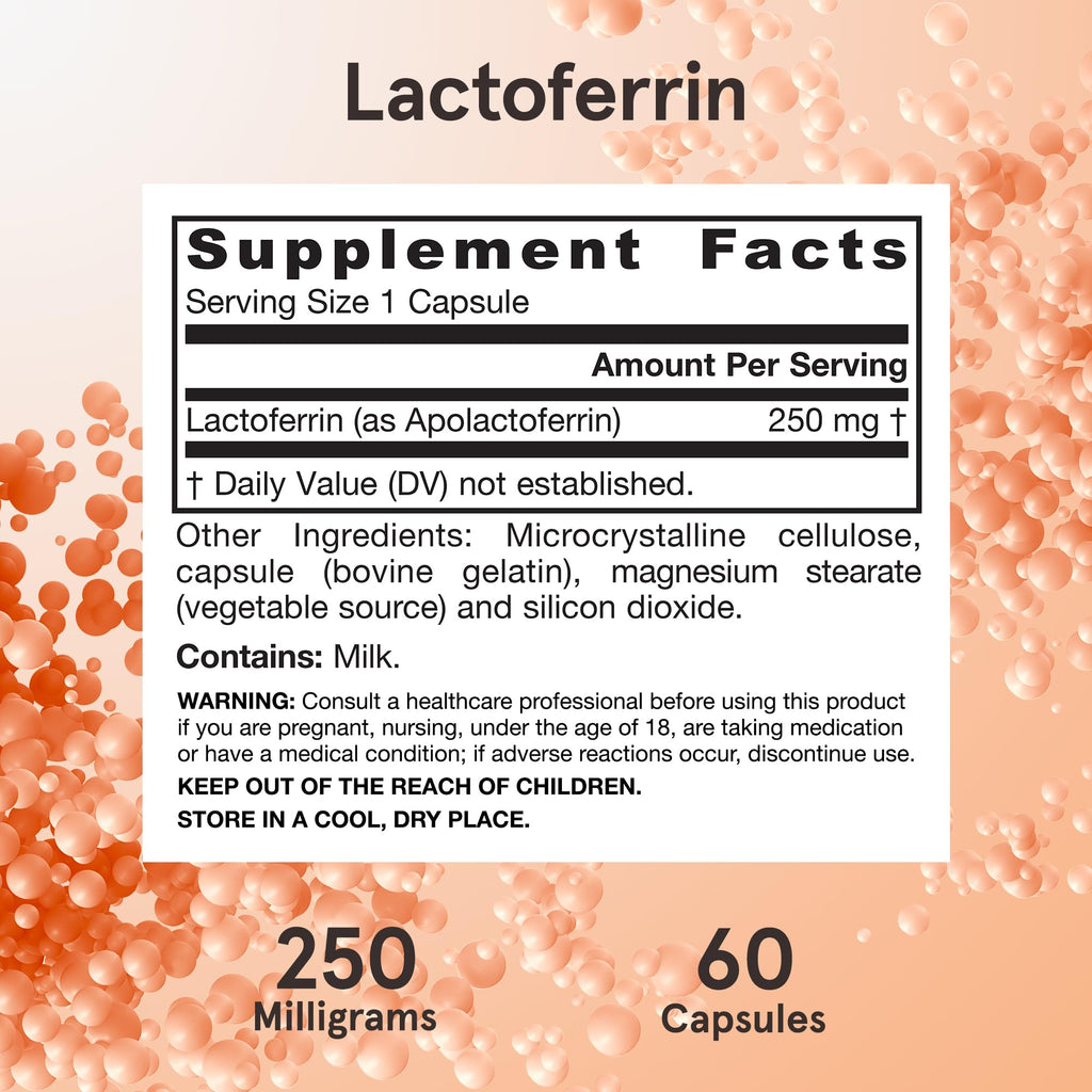 Jarrow Formulas Lactoferrin Supplements 250 mg - Immune-Supporting Glycoprotein for Healthy Immune System Support & Iron Absorption - Freeze Dried, Gluten Free, Non-GMO - 60 Capsules (Servings)