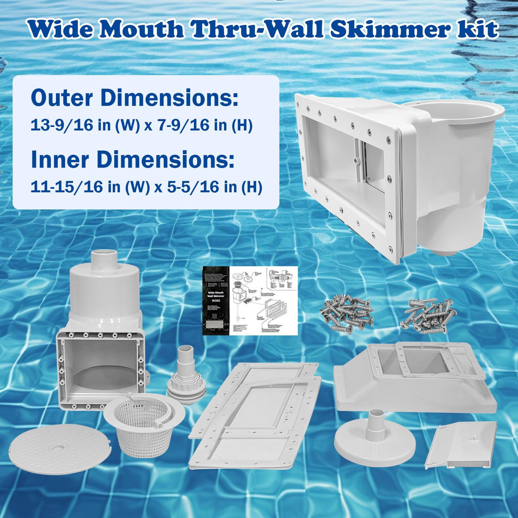 FixIdea Above Ground Pool Skimmer Kit- Wide Mouth Opening Thru-Wall Skimmer- Outer Dimensions：13-9/16 in (W) x 7-9/16 in (H) ，Inner Dimensions 11-15/16 in (W) x 5-5/16 in (H)