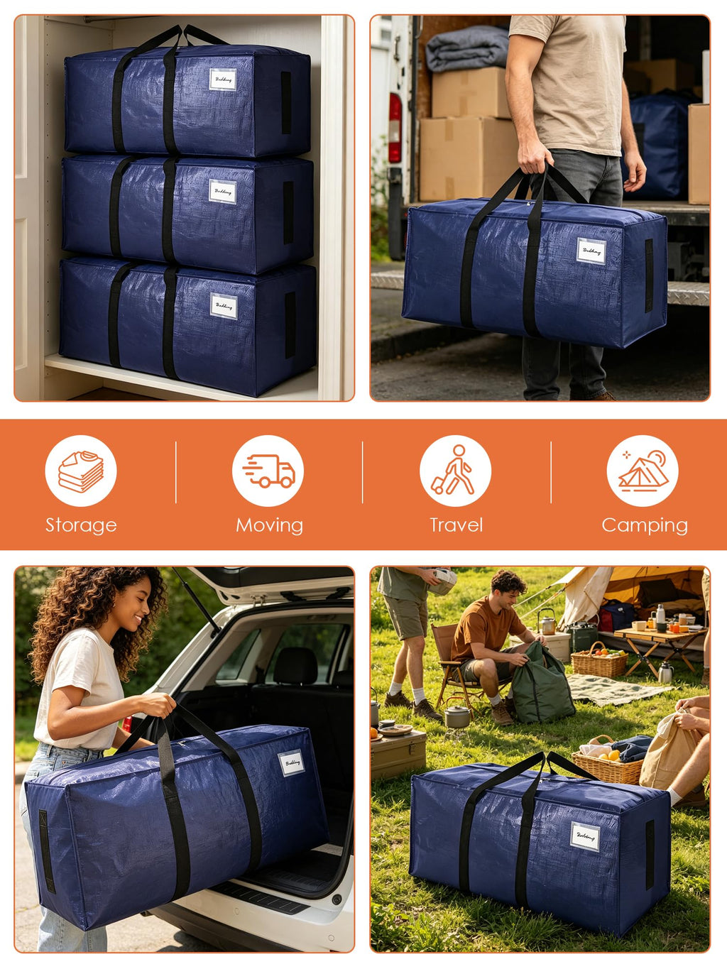 SWEET DOLPHIN 8 Pack 200LB Heavy-Duty Moving Bags with Wrap-Around Handles, Extra Large Storage Totes for Space Saving, Clothes Storage Bags, College Dorm Essentials, Blue, 24 Gal