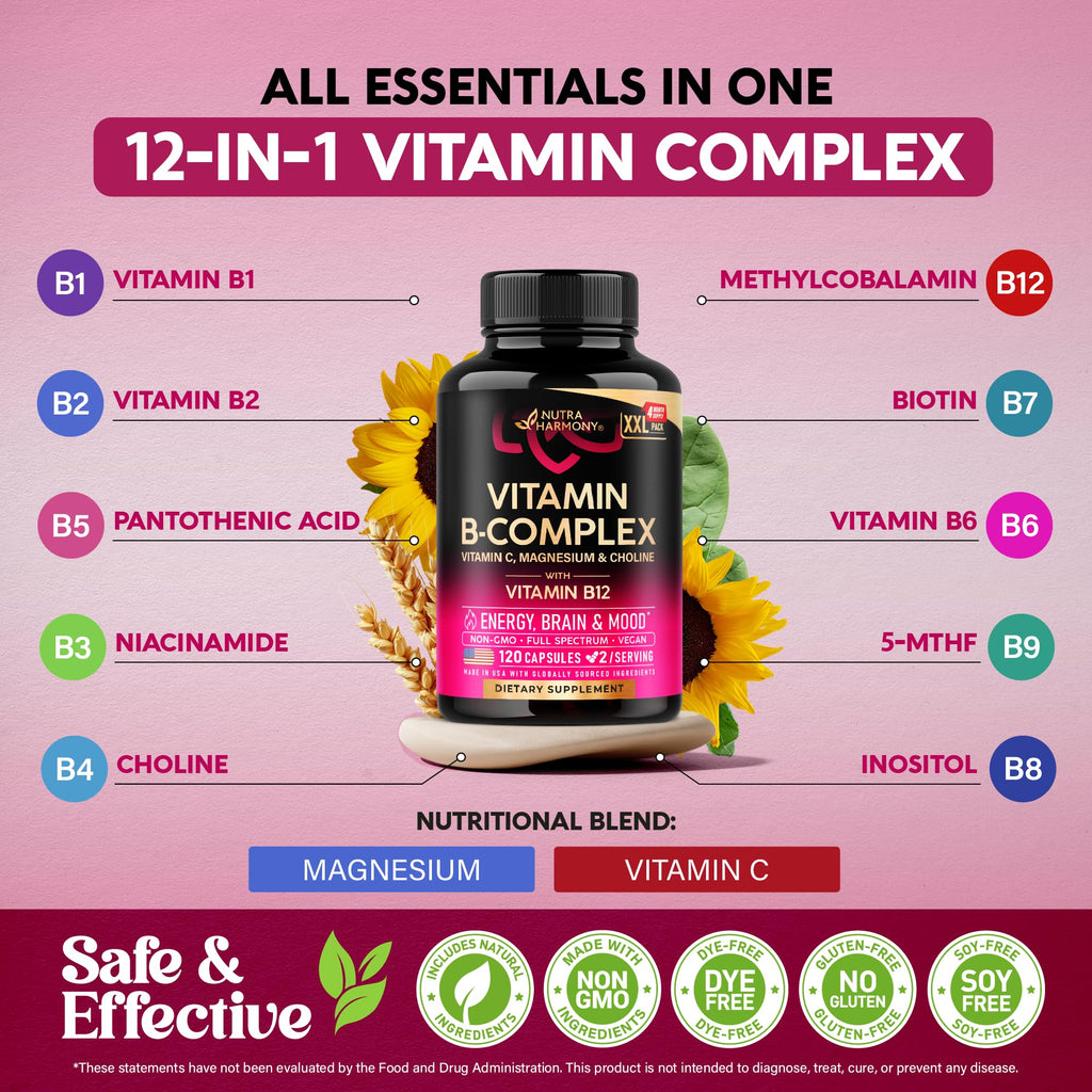 Vitamin B Complex for Men & Women - Made in USA - B-Complex: B1, B2, B3, B5, B6, B7, B8, B9, B12 with Vitamin C, Choline, Inositol - Energy, Brain & Heart Support Supplement, 120 Vegan Capsules