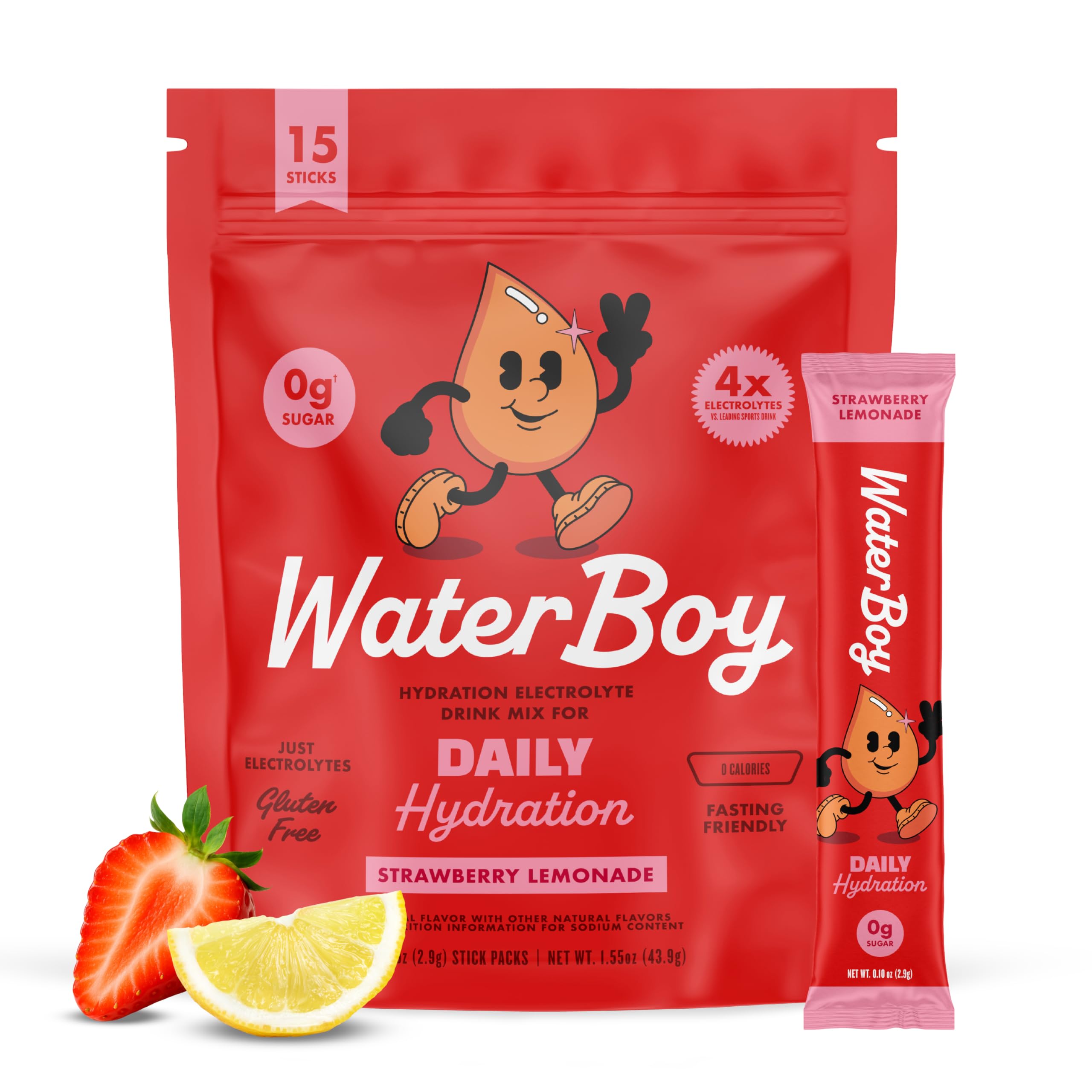 WaterBoy - Daily Hydration, Strawberry Lemonade, Sugar Free Electrolytes Powder Drink Mix - 15ct Hydration Packets