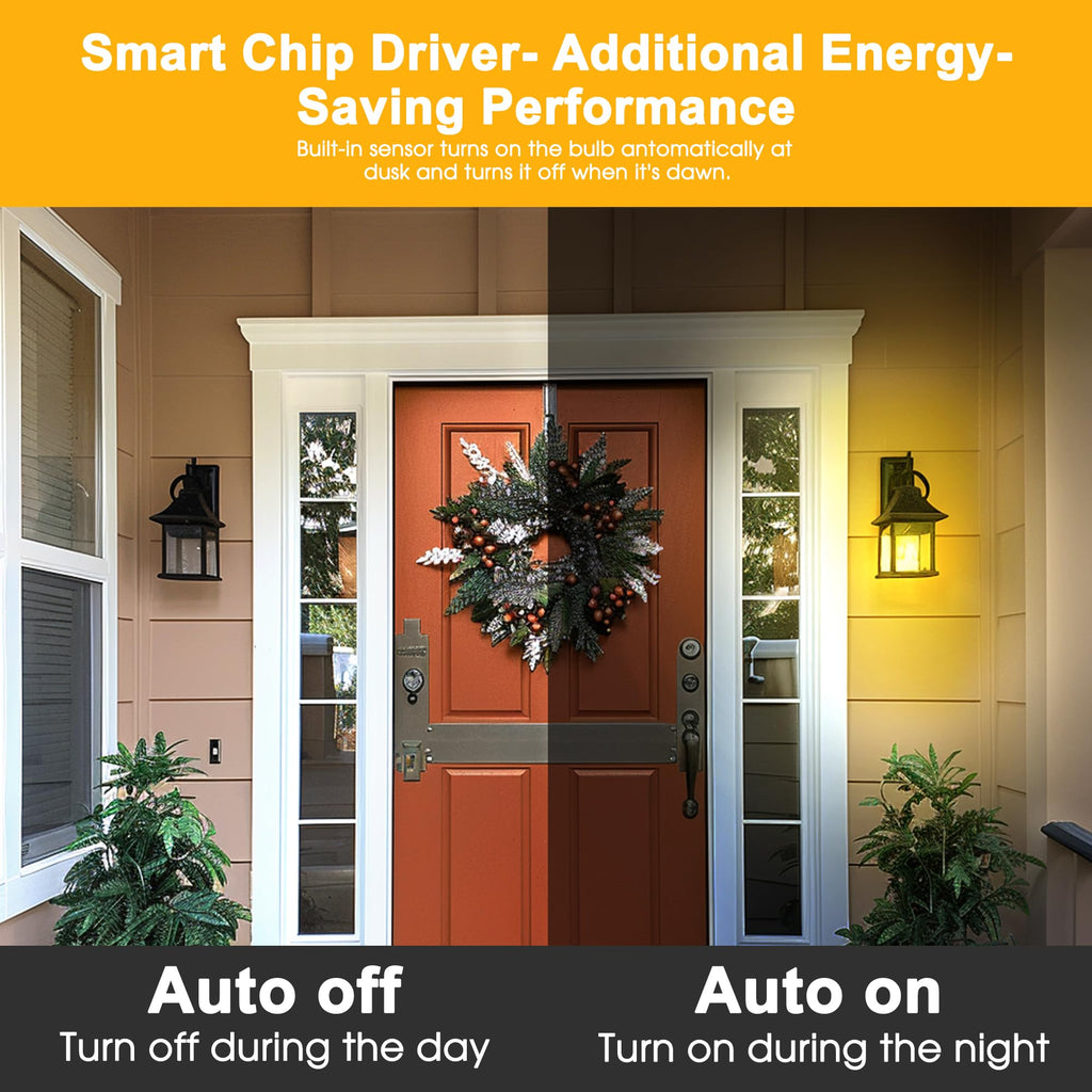 EvaStary Yellow Bug Light Bulbs Outdoor, Dusk to Dawn A19 LED Bulb for Porch Lights Outside, 6W(40W Equivalent) Auto On/Off Amber Bulb for Patio, Backyard, Hallway, Decor, 4 Pack