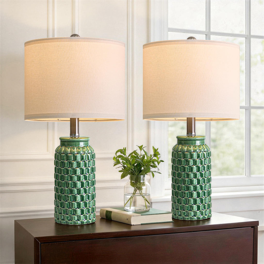 USumkky 20.5" Ceramic Table Lamps Set of 2 - Modern Farmhouse & Boho Style, Bedside Nightstand Lamps for Bedroom, Living Room End Table Lamps, Small Desk Lamp(Green)