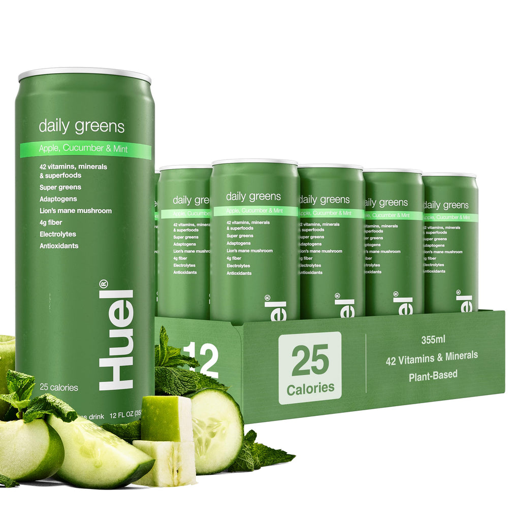 Huel Daily Greens Ready-to-Drink | Apple Cucumber Mint Superfood Greens | 91 Vitamins, Minerals, and Wholefood-Sourced Ingredients | Adaptogens, Antioxidants, Gut-Friendly Probiotics | 12 Fl Oz, 12 Pk
