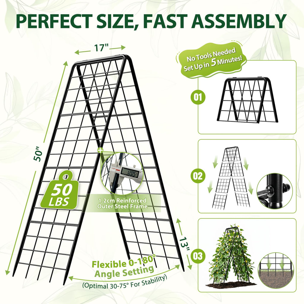 Heavy Duty 2 Pack 50"x17" Adjustable A-Frame Trellis for Climbing Plants Outdoor, Metal Rust-Proof Garden Trellis, Dense Grid Climbing Frame Trellis for Raised Beds, Cucumber, Tomatoes Outdoor