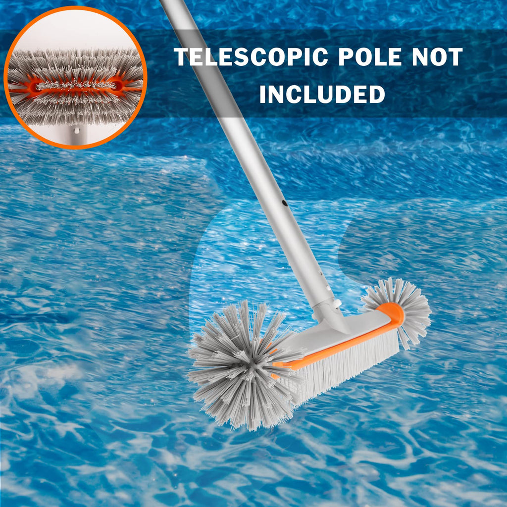 Poolvio Professional 17.5" Floor & Wall Pool Cleaning Brush with Tough Around Nylon Bristles, EZ Clip Aluminum Handle- Easily Sweep from Walls, Floors, Steps (Orange)