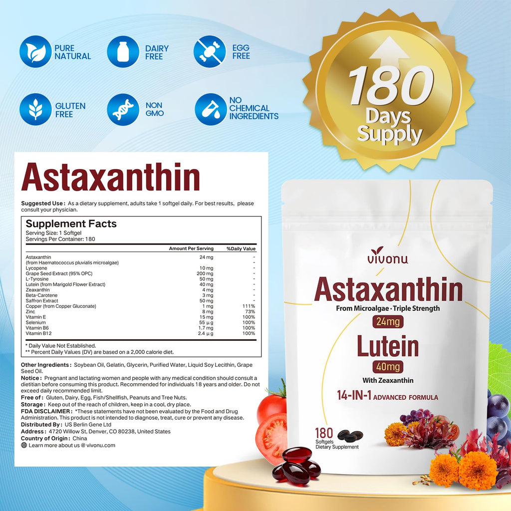 VivoNu 14-in-1 Astaxanthin 24mg & Lutein 40mg with Zeaxanthin Supplements, 24 Month Supply, 720 Softgels, 4 Bag