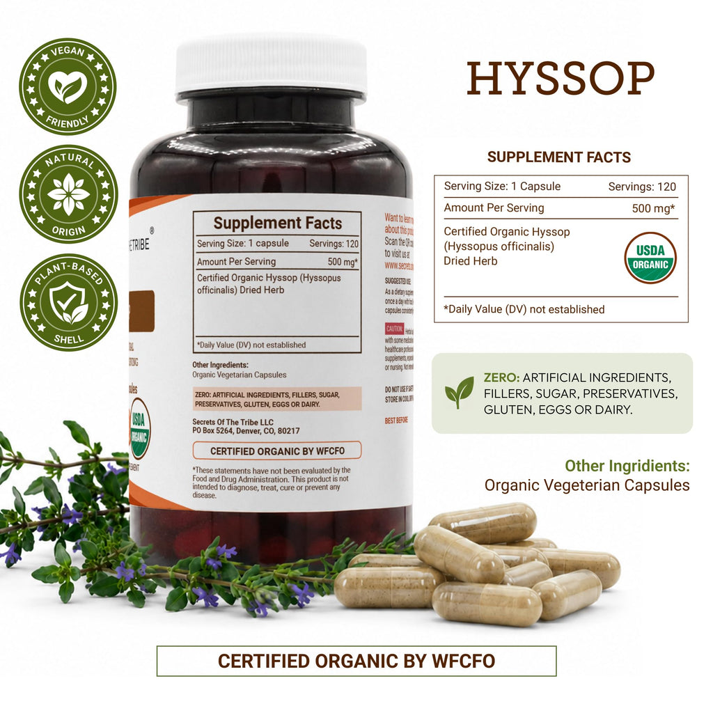 Secrets of the Tribe Hyssop USDA Organic Capsules | Certified Organic Vegetarian Capsules, Herbal Dietary Supplement | Hyssopus officinalis Dried Herb (120 Count)