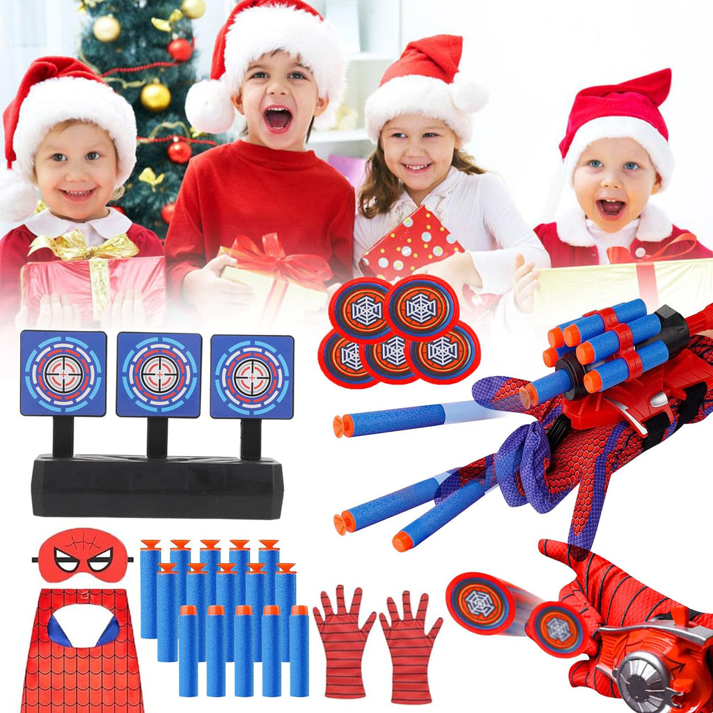 3 Sets Spider Web Shooters Halloween Party Favors Decorations for Kids Wrist Launcher Toys with Hero Gloves Auto Resetting Boards Spider Cape and Mask Cosplay Costume for Kids Birthday Party