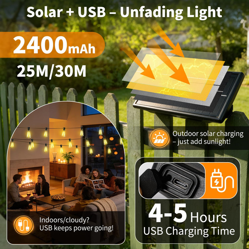 FUANXIEI Solar Lights Outdoor Waterproof: ST38 100FT 30M Shatterproof Bulbs Patio Lights - Solar Powered & USB Charging- Remote Control 3 Light Modes Dimmable Solar Light - Camping Backyard Garden