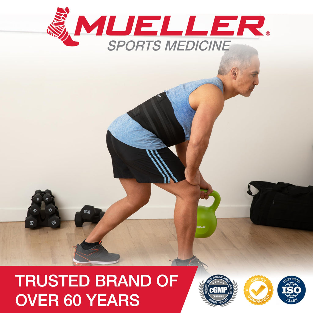 MUELLER Sports Medicine Adjustable Back Brace, Ideal for Upper and Lower Back Pain, Relief & Support for Men and Women, Strains, Sciatica, Scoliosis, Black, One Size