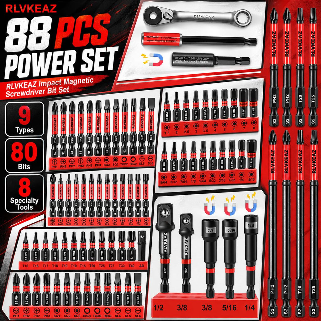 RLVKEAZ 88-Piece Impact Driver & Magnetic Screwdriver Bit Set, S2 Steel Security Torx Hex Phillips Square Triangle Slotted Bits, Mini Ratchet Wrench, Magnetic Bit Holders & Nut Driver, 1/4'' Hex Shank