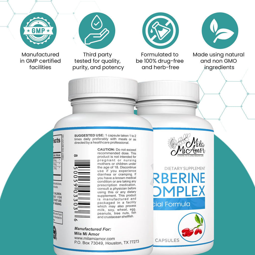 Mila Miamor Berberine Complex HCL 500mg - Special Berberine Supplement with Melon Fruit & Banaba Leaf - Non-GMO, Made in USA - Heart, Cognitive & Gastrointestinal Health - 60 Capsules