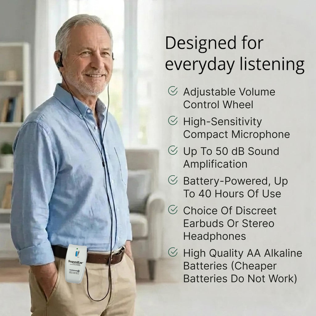 SuperEar SE9000HP Hearing Amplifier – Rechargeable Personal Sound Amplification System with Headphones & Earbuds, 50dB Boost, 3-Tone Selection