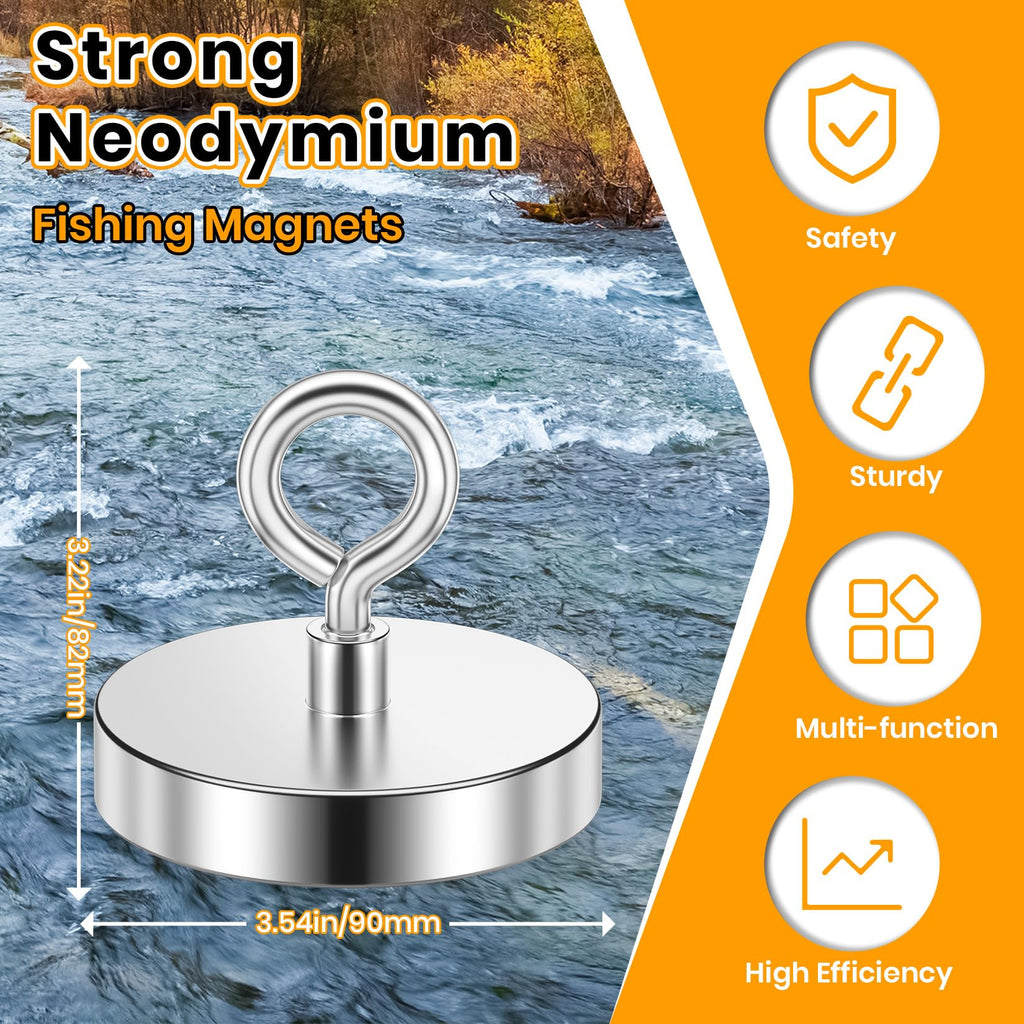 VNDUEEY Super Strong Neodymium Fishing Magnets, 1000 lbs Pulling Force, Rare Earth Magnets, Magnet Fishing with Countersunk Hole Eyebolt for Retrieving in River Lake, Beach, Lawn -3.54"