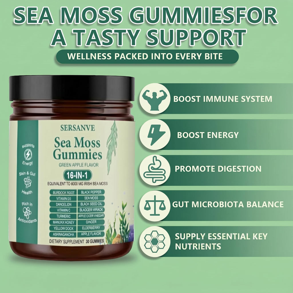 Sea Moss Gummies 16-in-1, with Black Seed Oil, Ashwagandha & Elderberry | Organic Irish Sea Moss Supplement for Men & Women | Daily Support with Manuka, Burdock Root & Vitamins C & D3, 30 Gummies