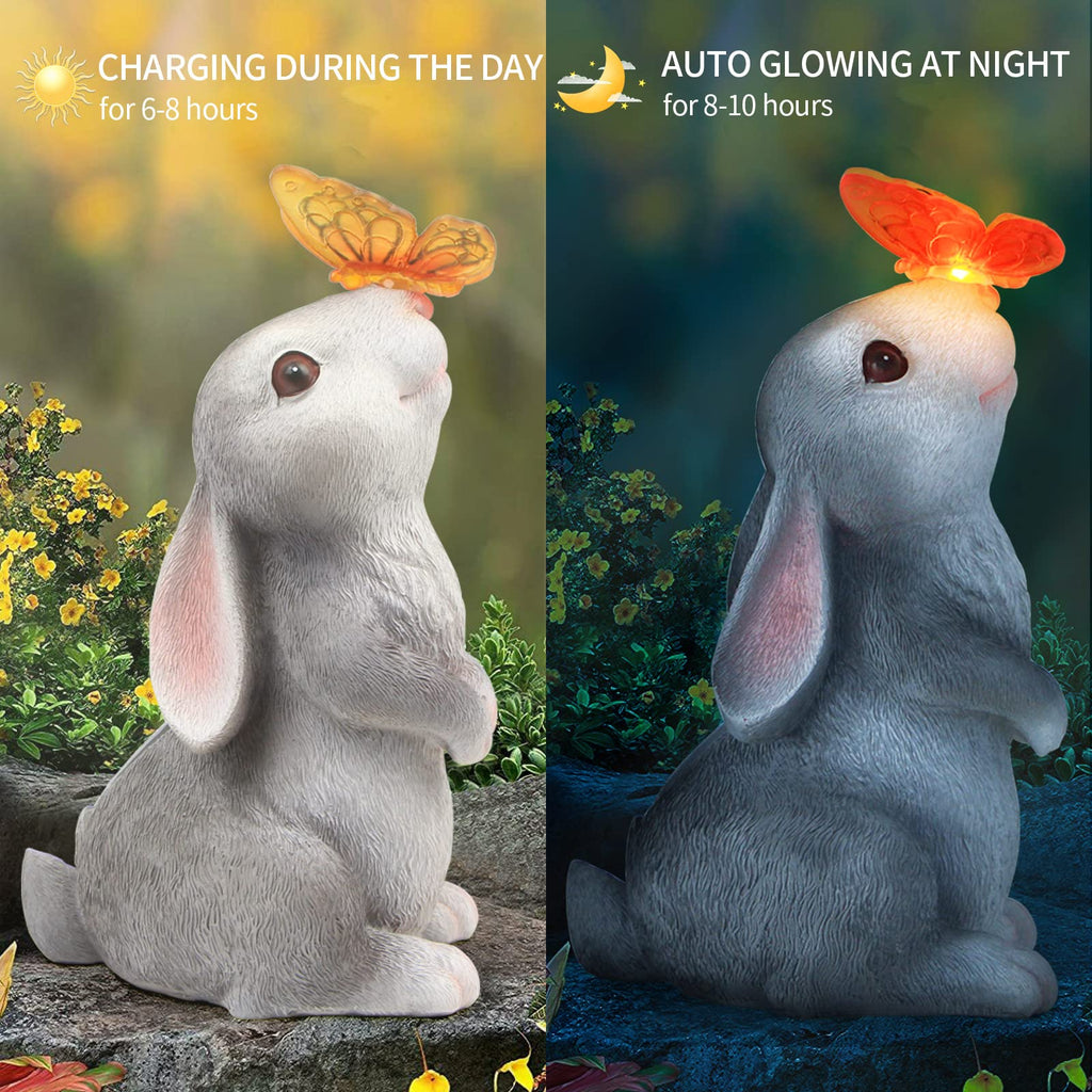 Garden Statue Outdoor Decor Rabbit with Solar Butterfly Changing Lights