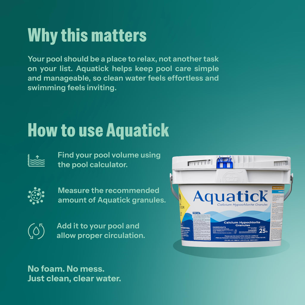 AquaTick 68% Calcium Hypochlorite Granules Pool Shock – 25 lb Bucket High Strength Non-Stabilized Chlorine for Swimming Pools and Spas