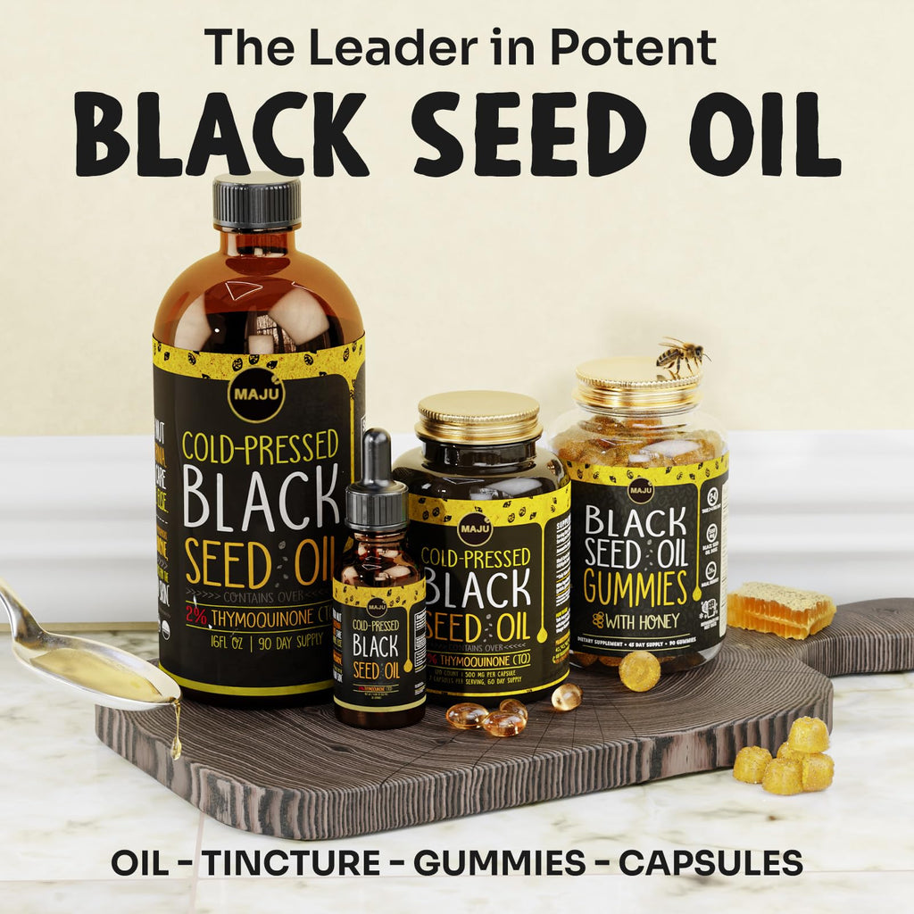 Maju Superfoods Black Seed Oil Capsules, Strong Cold Pressed, 2% Thymoquinone, 100% Turkish Black Cumin Nigella Sativa Seed Oil, Organic BSO, Liquid Blackseed, 120 Count, 500mg per Capsule
