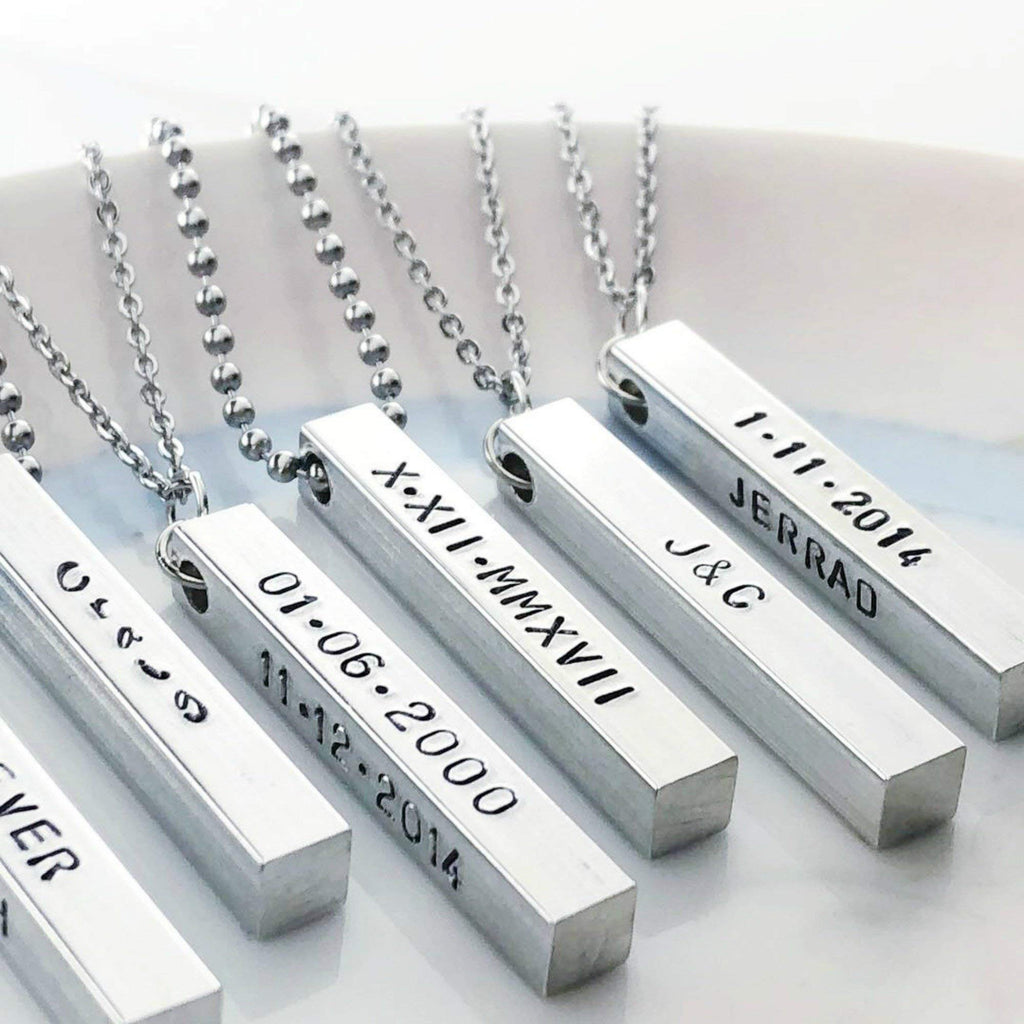 Xianofu Personalized 4 Sided Vertical Bar Necklace Custom Text Engraved 3D Bar Pendant Stainless Steel Coordinate Jewelry for Couples
