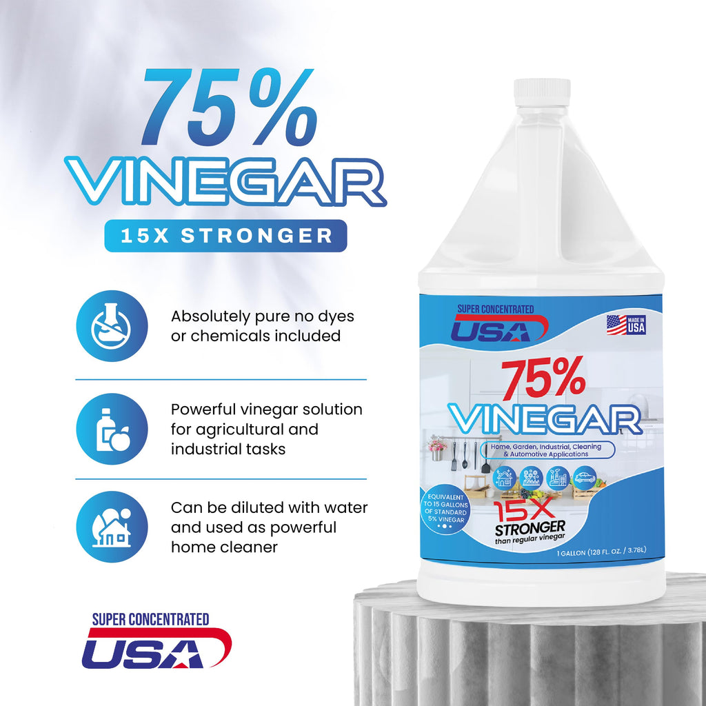 Super Concentrated USA Pure Vinegar - Industrial Cleaning Vinegar - 1 Gallon Concentrated Cleaner (75% 1 Gallon)