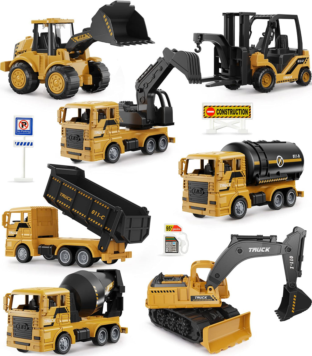 Geyiie Large Construction Trucks Toy Set, Construction Vehicles for Kids, 7 PCS Pull Back Engineering Cars with Excavator, Bulldozer, Dump, Cement Mixer, STEM Sand Toys Gifts for Boys Girls