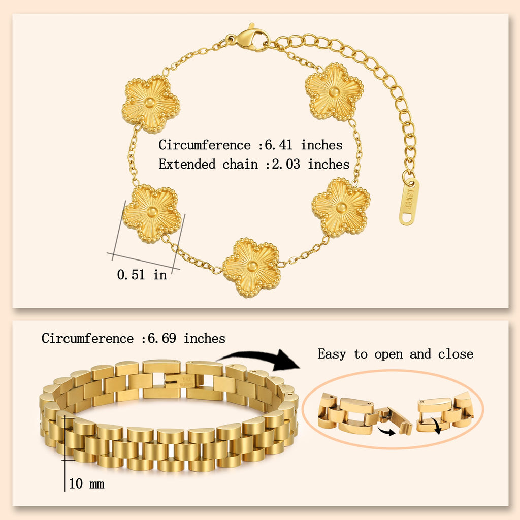 YOQ Stackable Four Leaf Clover Bracelets for Women, 18K Gold Plated Love Bangle Bracelets Set, 2 Pcs Charm Jewelry Gifts (Gold 2Pcs-W)