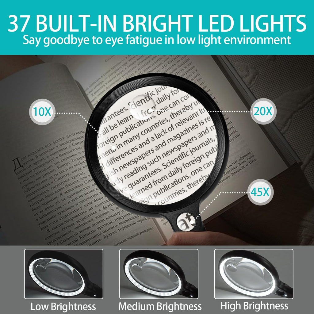 Large Magnifying Glass with 37 LED Light and Case, 10X 20X 45X Handheld Illuminated Lighted Magnifier with 3 Light Modes Rechargeable Magnifying Glass for Seniors Reading, Inspection (Black & White)
