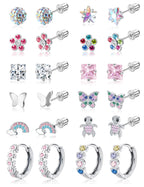 FIASASO Hypoallergenic Surgical Stainless Steel Earrings for Girls Kids Women - 12 Pair Screw Back Earrings for Sensitive Ears Cute Flower Butterfly Toddler Stud Hoop Earings Screwback Girl