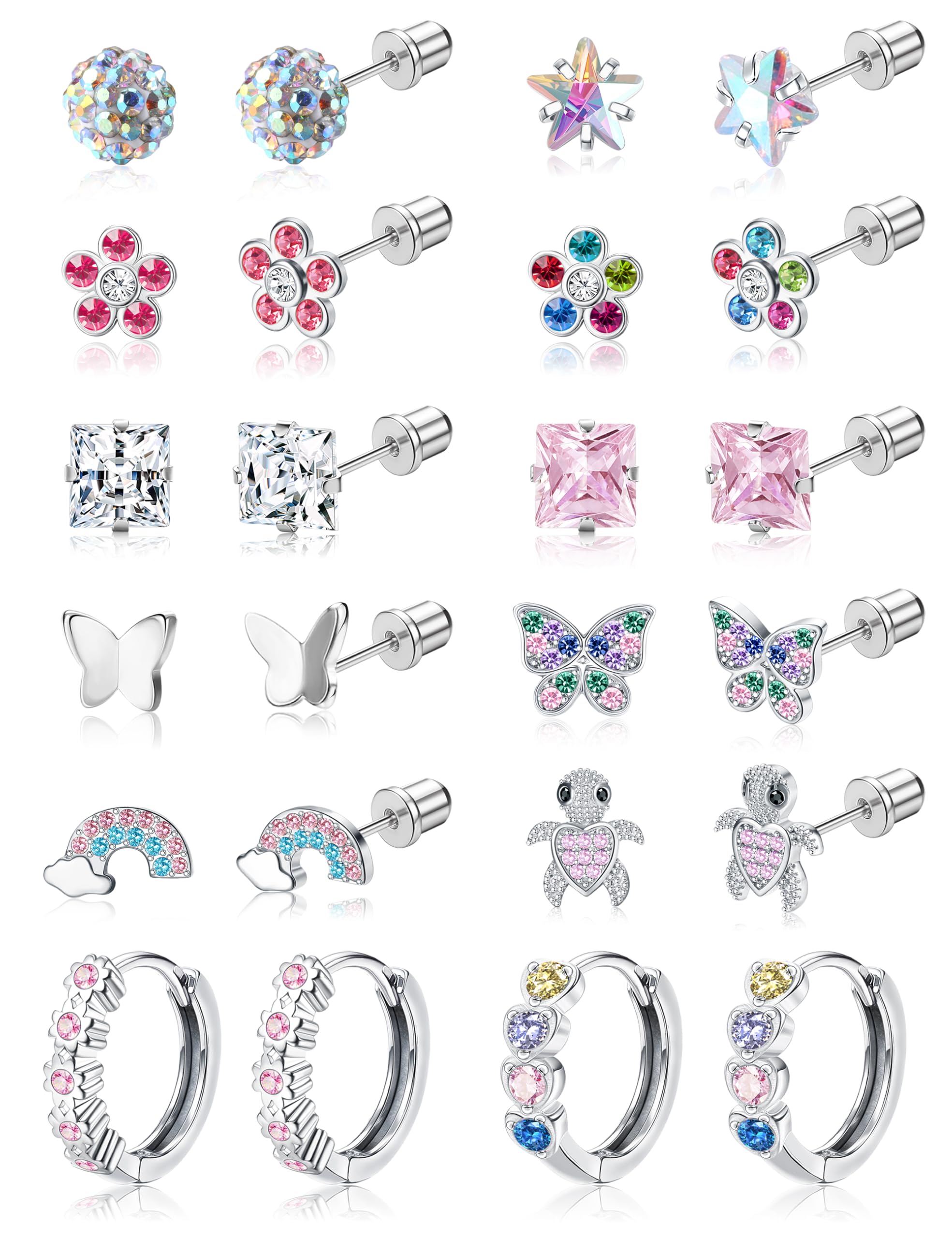 FIASASO Hypoallergenic Surgical Stainless Steel Earrings for Girls Kids Women - 12 Pair Screw Back Earrings for Sensitive Ears Cute Flower Butterfly Toddler Stud Hoop Earings Screwback Girl