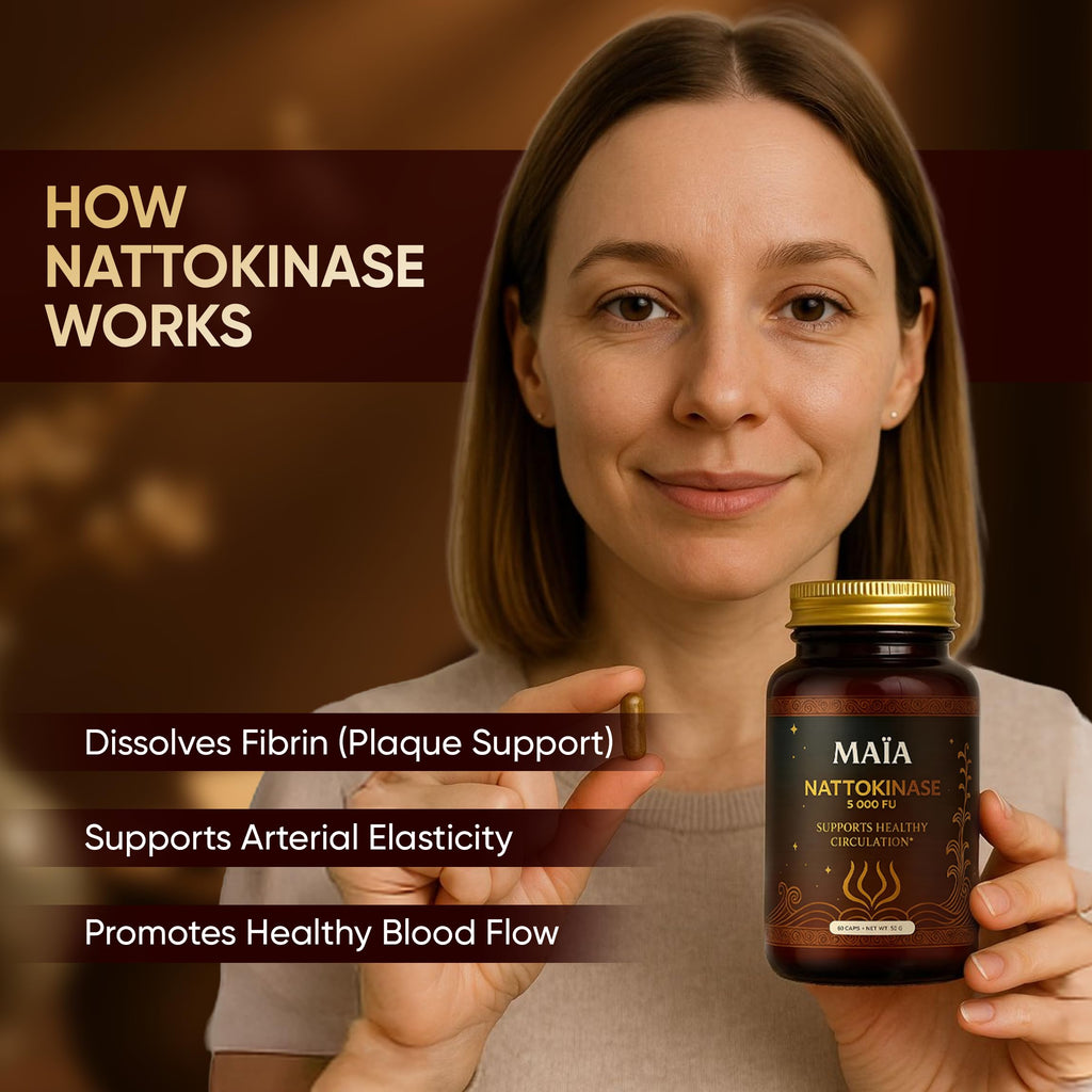 Maia Nattokinase Supplement, with 5000 FU, Supports Arterial Cleanliness and Heart Health, Promotes Healthy Circulation, Added Vitality and Wellness, Plant-Based Capsules, Zero Sugar, 60 Capsules