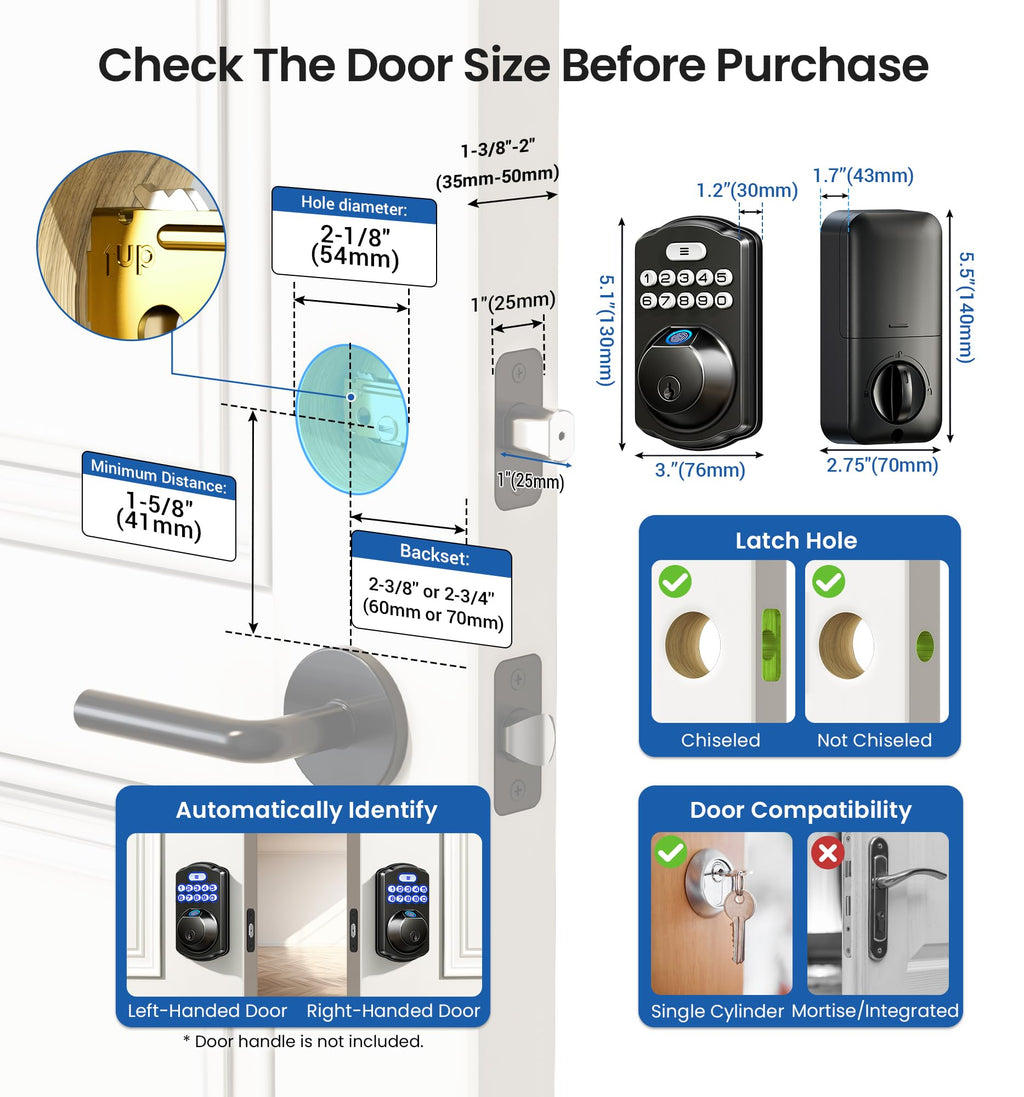 Veise KS02A Fingerprint Keyless Entry Door Lock, Auto Lock, Electronic Keypad Deadbolt for Front Door, Biometric, Anti-Peeping Password, Easy Install, Matte Black