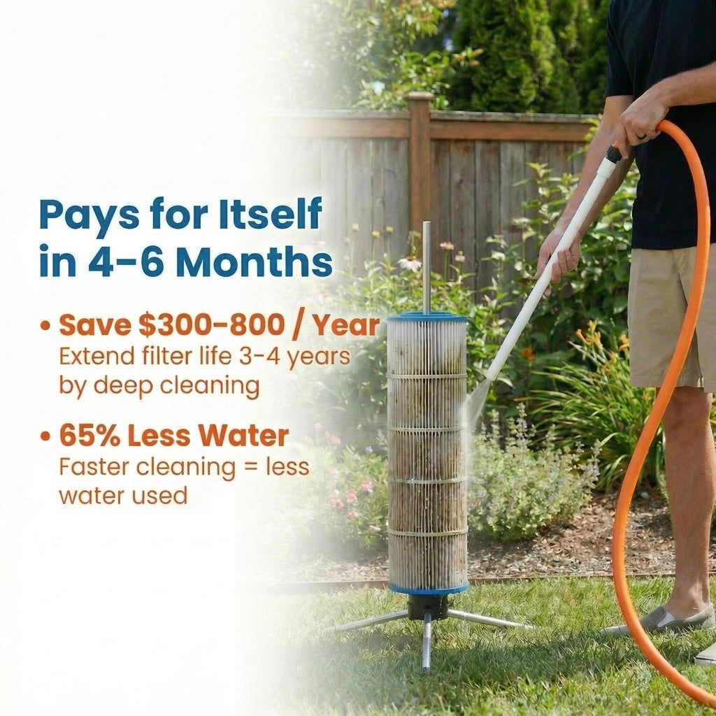 Cyclone Filter Cleaner – Patented Hose-Powered Spinning Pool Cartridge Filter Cleaning Tool with Stand & Spray Wand – Cleans 5X Faster – Fits 3”, 4”, 6” ID Filters