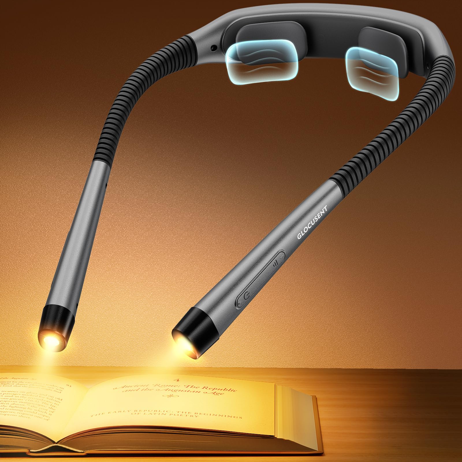 Glocusent Ergonomic Reading Lights for Books in Bed, 1600mAh Rechargeable Book Light, 100 Hrs - 3 Colors & 5 Brightness, Neck Light with Timers, Sleep Aid & Travel Lock