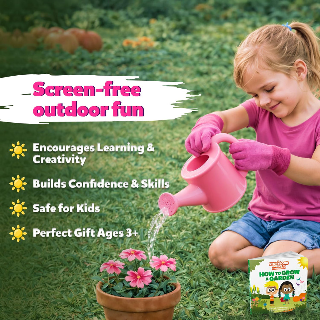 Pink Kids Gardening Tools - Includes Sturdy Tote Bag, Watering Can, Gloves, Shovels, Garden Stakes, and a Delightful Children's Book How to Garden Tale - Kids Garden Tool Set for Toddler Age on up.