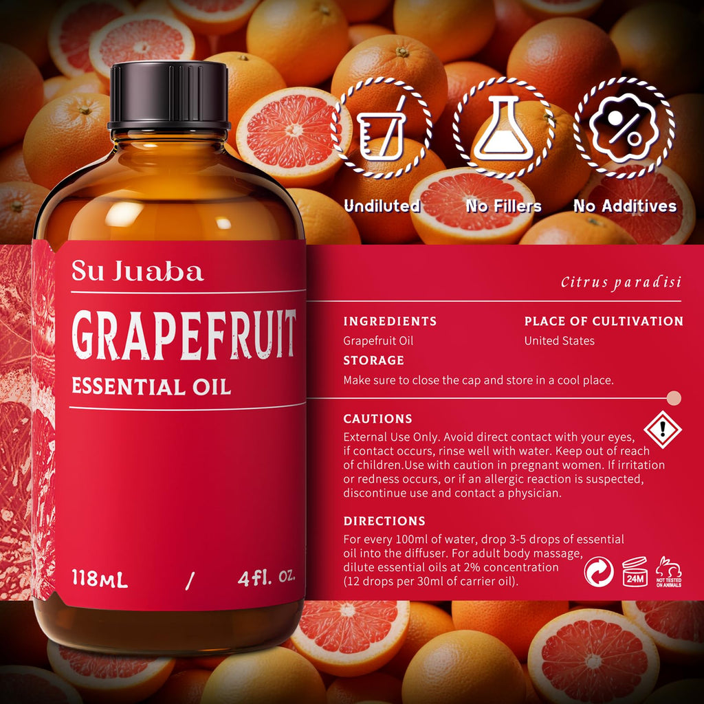 SU JUABA Grapefruit Essential Oil 4 Fl Oz, 100% Pure Natural for Massage, Diffuser, Aromatherapy, Hair & Skin Care - 118ML