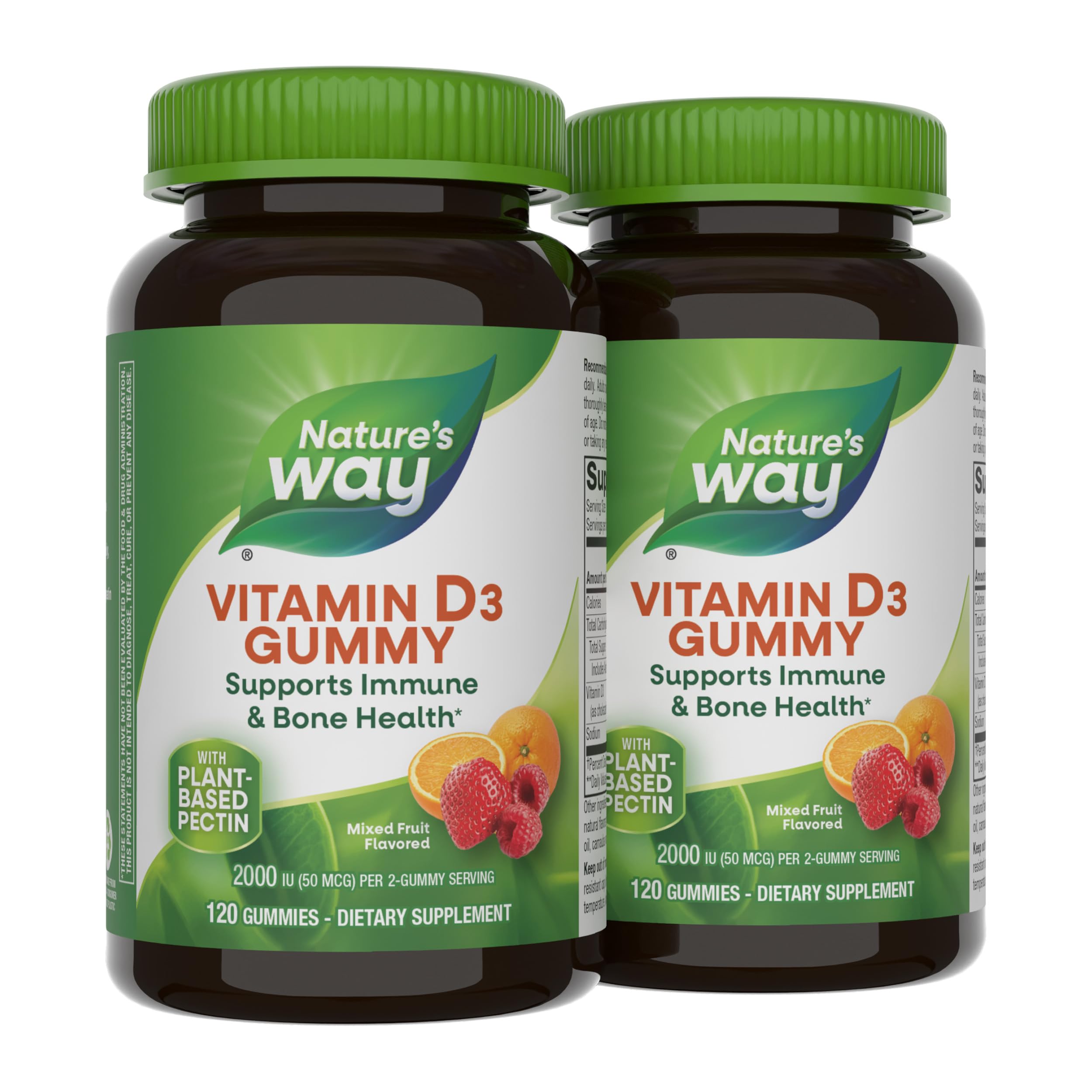 Nature's Way Vitamin D3 Gummies, Supports Immune and Bone Health*, 2000 IU (50 mcg) per 2-Gummy Serving, Vitamin D3 2000IU per 2 Gummies, Mixed Fruit Flavored, 120 Count (Set of 2)