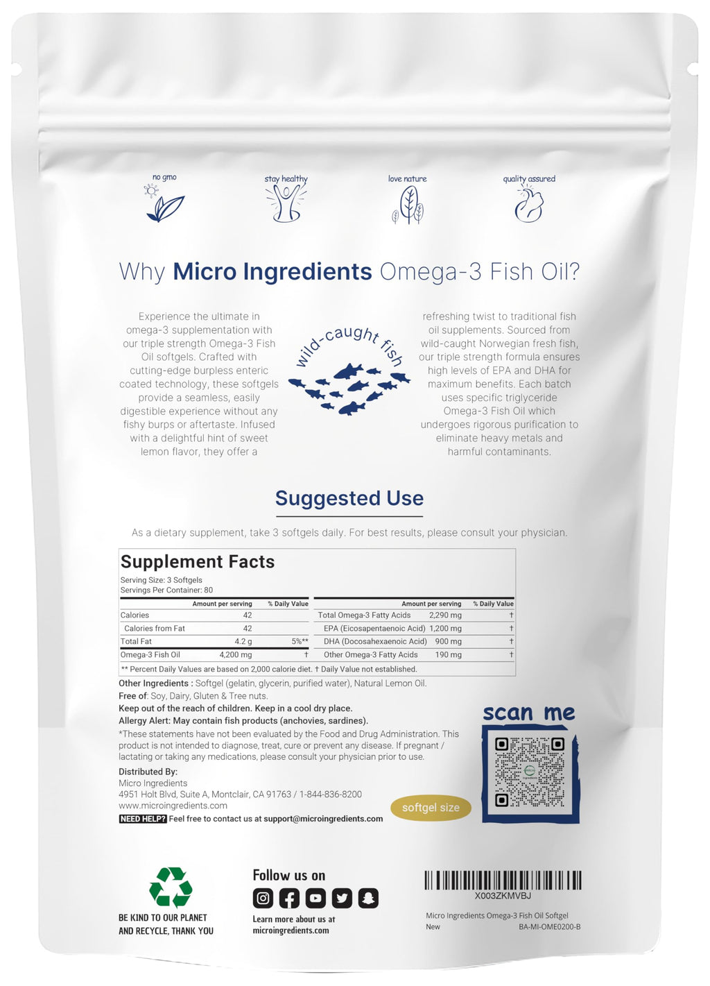 Micro Ingredients Triple Strength Omega 3 Fish Oil Supplements 4200mg Per Serving, 240 Softgels – Lemon Flavored – Burpless | EPA 1200mg + DHA 900mg | Deep Sea Fish