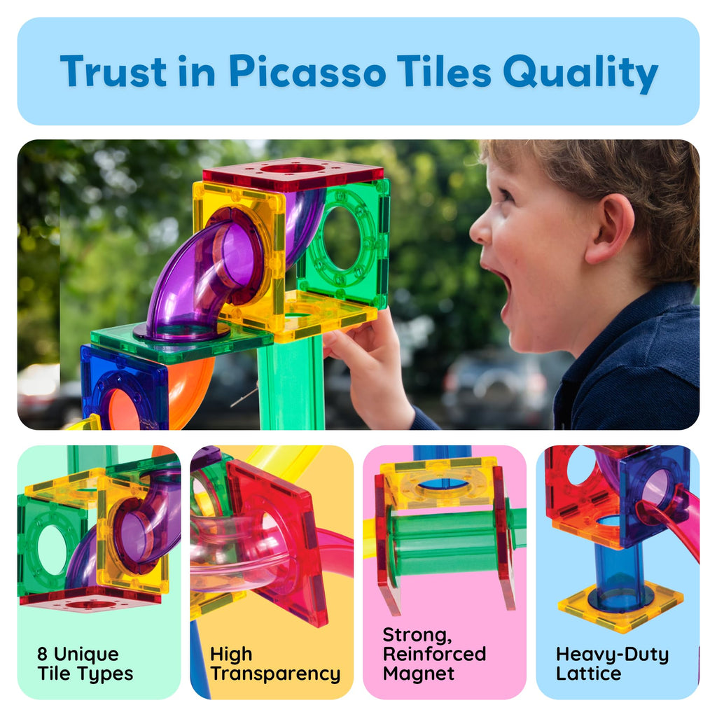 PicassoTiles 50pcs Magnetic Tiles Marble Run for Kids Race Track Toy Marble Maze Sensory Toys for Toddlers STEM Educational Set Magnet Building Blocks Construction Building Tiles Boys Girls 3+ PTG50