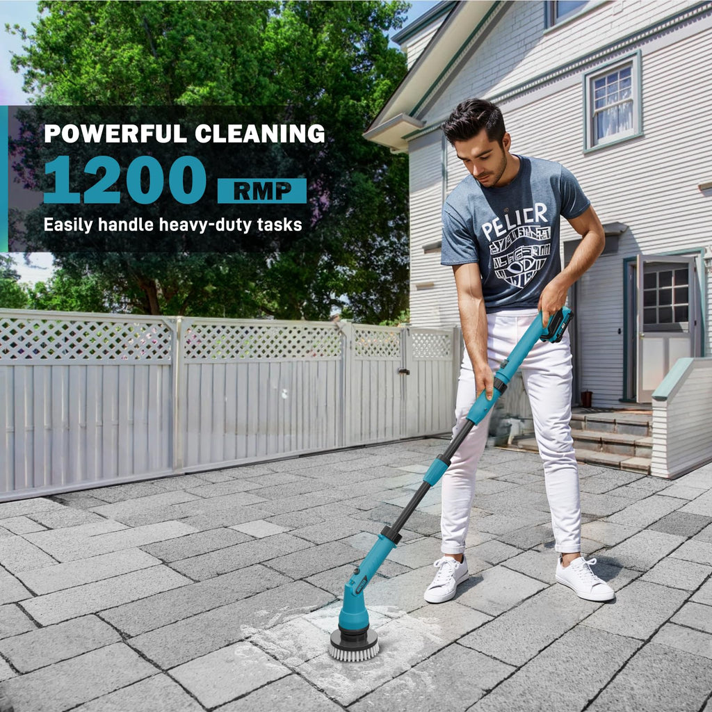 Alloyman 1200RPM Electric Spin Scrubber, Telescopic Extension Handle (25-49 inches) Ideal for Elderly and Arthritis, 2 Batteries&8 Replaceable Brush Heads, Perfect for Bathroom/Shower/Tub/Tile- 12V