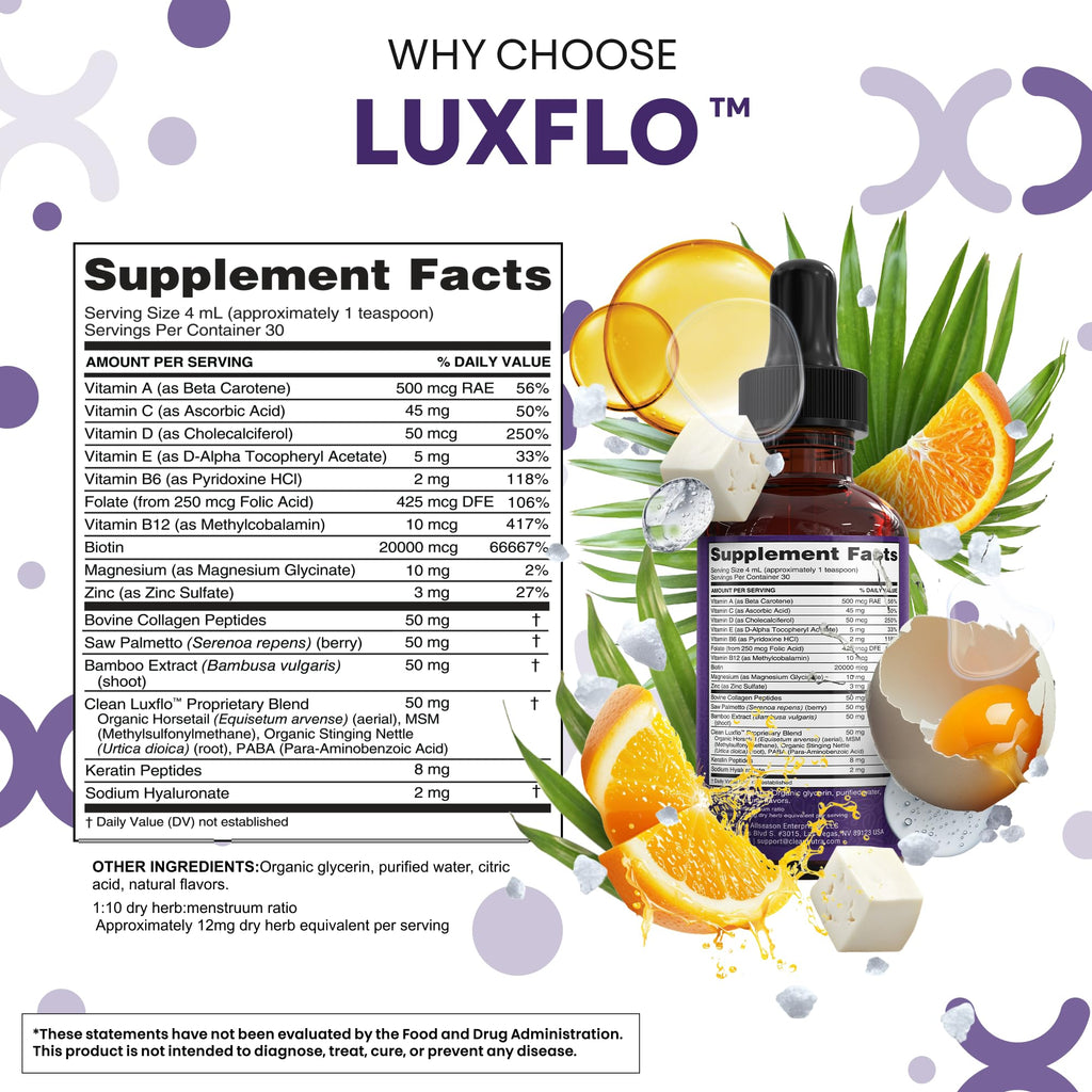 Biotin Liquid Drops Collagen Keratin Hyaluronic Acid Saw Palmetto for Hair Skin and Nails Silica Vitamin A C Vitamin D Bamboo Turmeric Zinc Folate Magnesium Horsetail LuxGlo by Clean Nutra - 2Pack