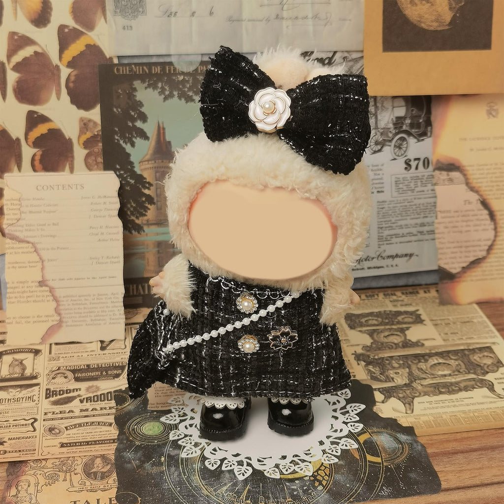 Clothes Compatible with LABUBU Doll – 4PCS Black Tweed Dress Set, 17cm Doll Clothes Designer Outfit for Classic Dinner Party Theme, Stylish Accessories for Labubu, No Doll (Midnight Tweed Charm)