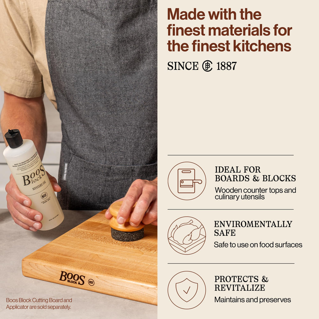 John Boos All-Natural Mystery Oil, Revitalizing Wood Conditioner, 16 oz - Food-Grade Mineral Oil for Butcher Blocks, Cutting Boards, Countertops and Wooden Culinary Utensils